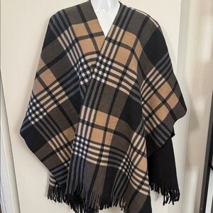 Rachel Roy Plaid Fringe Fleece Poncho